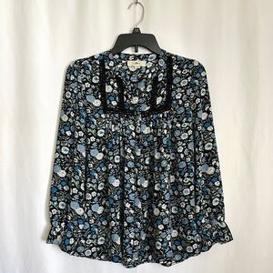 Ann Taylor Loft Women's Floral Print Blue White Black Peasant Style Blouse sz S